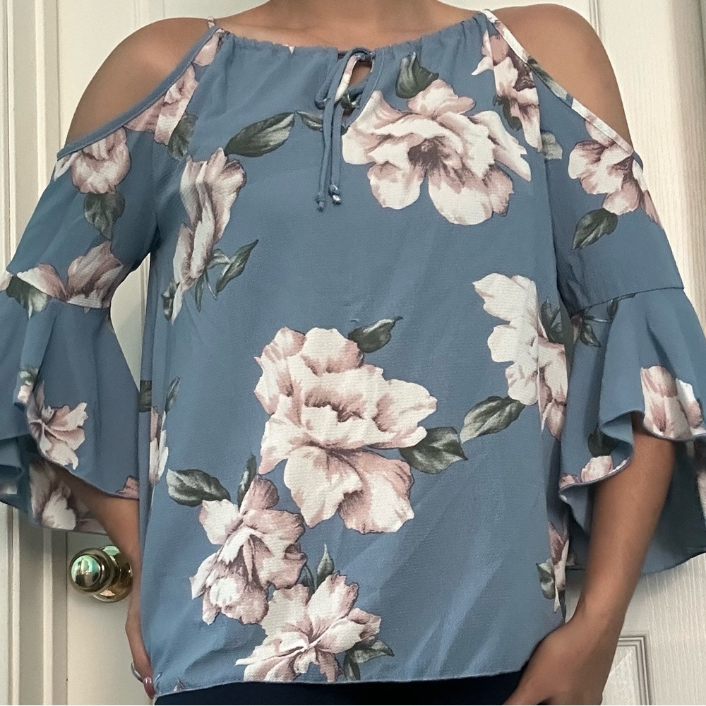 Floral Cold Shoulder Top - Blue and Pink